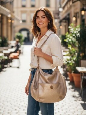 Tory Burch Metallic Taupe Shoulder Hobo with Tassel